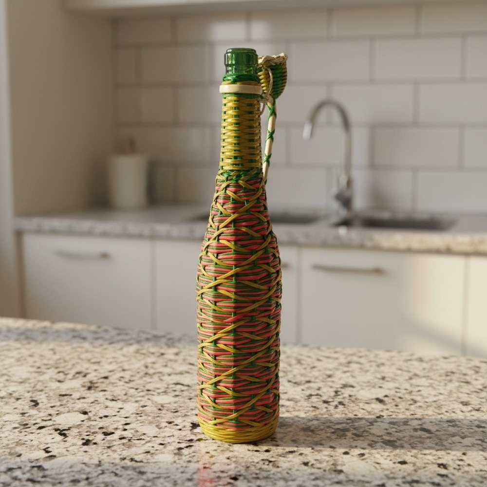 Vintage Woven Wicker Wrapped Green Glass Bottle Decanter Multi Color‎ Kitsch